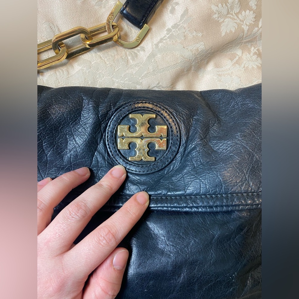 Tory Burch Black Leather Fold-Over Crossbody Bag with Gold Logo & Accents - Picture 7 of 14